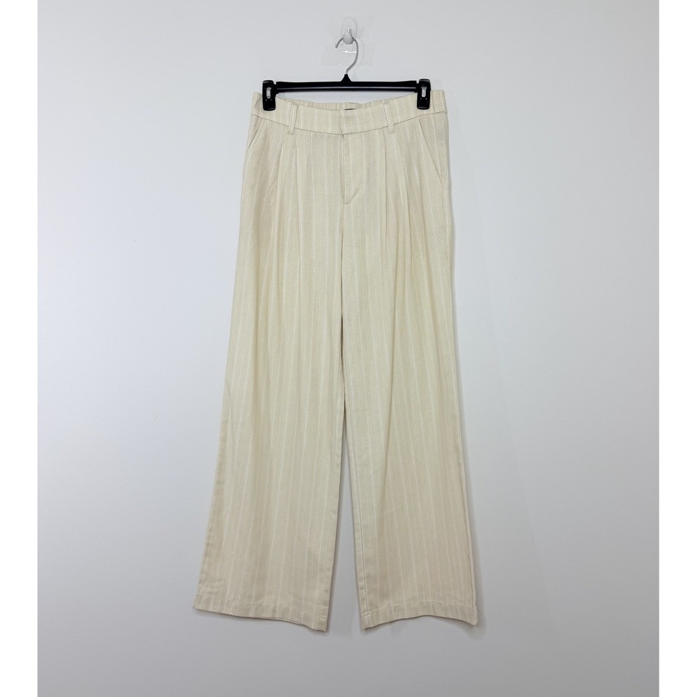 Sanctuary Wide Leg Pants Women's Large Beige Pinstripe Linen Blend Pleated